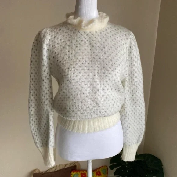 Vintage ivory & gray fuzzy ruffle neck sweater - Picture 6 of 8